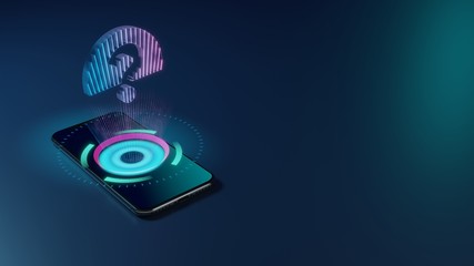 3D rendering neon holographic phone symbol of question circle icon on dark background - obrazy, fototapety, plakaty