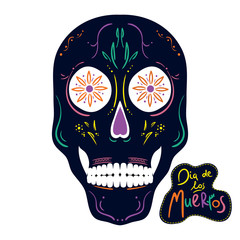 Skull with colorful drawing. Day of the dead and Halloween symbol. Vector illustration.