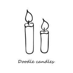 Two hand-drawn burning candles. In doodle style, black outline isolated on a white background. For banners, cards, coloring books, design, business. Vector illustration