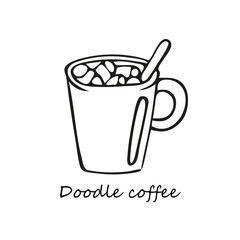 Single hand-drawn cup of coffee, chocolate, cocoa, americano or cappuccino. In doodle style, black outline isolated on a white background. For banners, cards, coloring books, design, business, menu