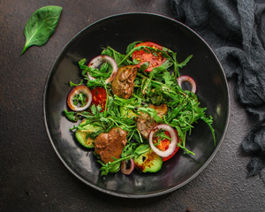 healthy salad with liver (tasty appetizer) menu concept. food background. copy space. Top view