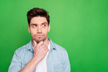 Photo of amazing business guy looking wondered side to empty space have doubts about startup...