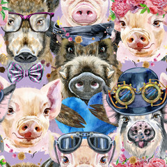 Seamless pattern of watercolor portrait pigs and boar