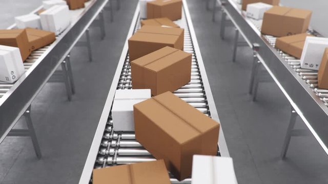 Packages delivery, packaging service and parcels transportation system concept, cardboard boxes on a conveyor belt in a warehouse. Three conveyor belts. Loop-able seamless 4K 3D animation