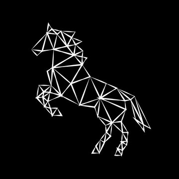 Creative geometric figure of a wild galloping horse stallion from a white ragged outline on a black background. Minimalism in the style of trigonometry. Industrial loft.