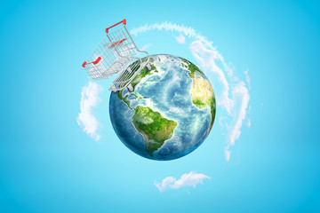 3d rendering of Earth with huge supermarket trolley standing on one side of planet.