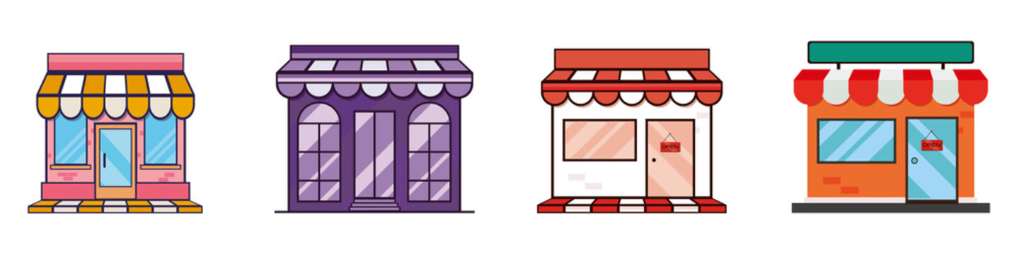 Shops and stores icons set in flat design style. Fast food, shop book, bar and coffe. Vector illustration