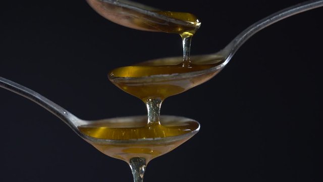 Thick honey dripping from the three spoons on black background, close up. Honey flowing from spoon
