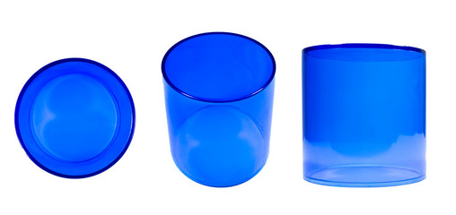 Blue plastic cylinder in different angles.