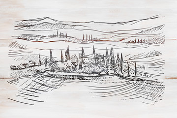 Sketch of rural view of Tuscany in Italy on wooden board