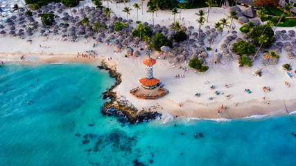 Dominican Republic Bayahibe beach Lighthouse aerial photo by drone. Crystal clear sea with beautiful beach.  - obrazy, fototapety, plakaty