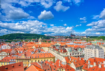Fototapeta na wymiar An aerial view of Prague, Czech Republic and Prague Castle on a sunny day.