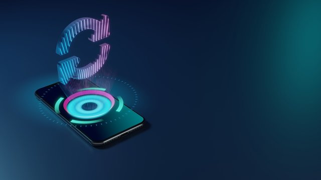 3D Rendering Neon Holographic Phone Symbol Of Sync Alt Icon On Dark Background