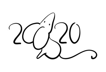 2020 and mouse handwritten black vector illustration on white background. 2020 handdrawn lettering for New Year or Christmas postcard