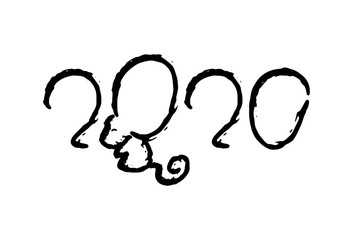 2020 Year of mouse, grungy vector illustration on white background. 2020 rough ink lettering for New Year or Christmas postcard