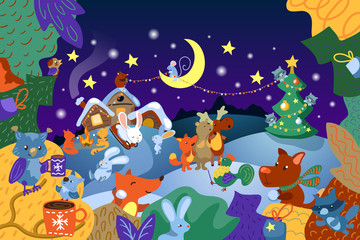 Basic RGBChristmas scene with animal character and fir tree. Cute animal character in festive winter scenery.
