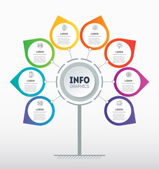 Business presentation or circular infographics concept with 8 options. Template of tree, info chart or diagram. Info graphic of technology or education process with eight steps.