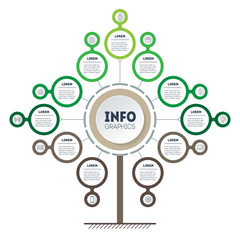 Business presentation concept with 11 options, parts, steps or processes. Vertical Timeline infographics. Tree of development and growth of the eco business. Infographic of trends.