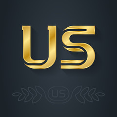 US - Metallic 3d icon or logotype template. U and S initial golden logo. Design element with lineart option. Gold. United States.
