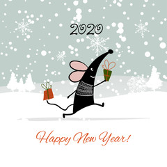 Christmas card with funny mouse in winter forest, symbol of 2020 year