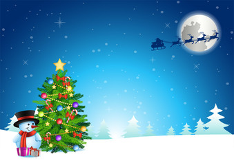 snowman and xmas tree stand on snow while santa claus fly away after send gift to him,vector illustration