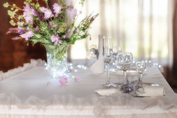 Wine glasses on a table in a restaurant