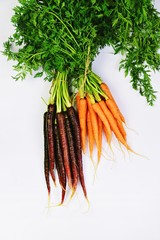 Bunch of fresh red and orange carrots on the white background