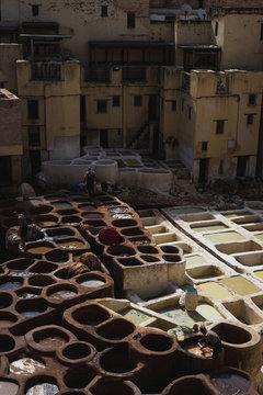 men working in tanneries treating leather on a sunny day