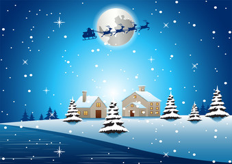 Naklejka premium village are on xmas night and santa fly away to send gift to everyone,vector illustration