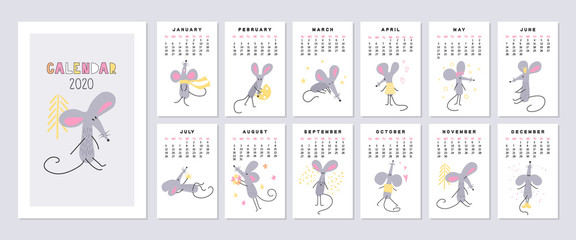 2020 vector calendar with cute hand drawn rats.Monthly creative calendar . Year of the rat. Week starts on Sunday.Vector illustration.