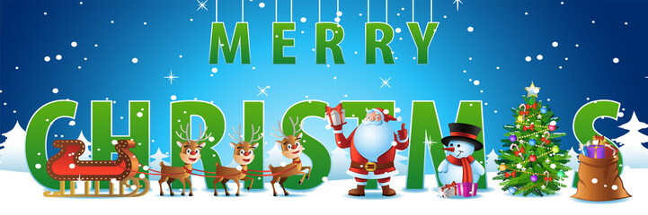 santa claus,reindeer,gift,snowman and xmas tree stand front of big green merry christmas text in among falling snow before send gift to people,vector illustration 