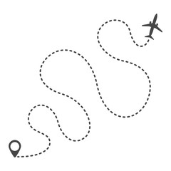 aircraft trail with dotted line. Traveler tracks marked with dotted lines. Aircplane tracking on route on white background