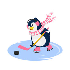 Penguin in scarf playing hockey. Isolated character in cartoon style. Winter sport. Fanny image of arctic bird