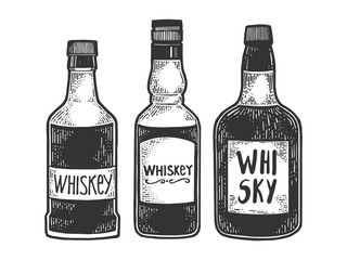Fototapeta na wymiar Whisky whiskey bottles flasks sketch engraving vector illustration. T-shirt apparel print design. Scratch board style imitation. Black and white hand drawn image.