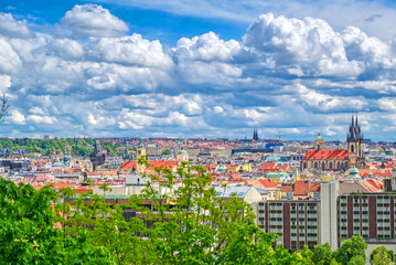A view of Prague, Czech Republic and the Vltava River from Letna Gardens on a sunny day.