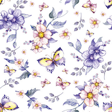pattern with flowers, leaves, butterflies
