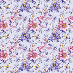 Obraz premium pattern with small flowers, leaves, butterflies, light