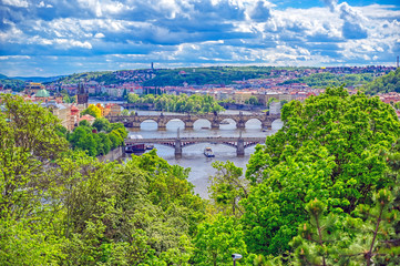 Naklejka premium A view of Prague, Czech Republic and the Vltava River from Letna Gardens on a sunny day.