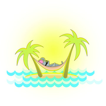Vector image of a mouse on a hammock between palm trees by the sea. Symbol of 2020. Series of illustrations. Calendar item