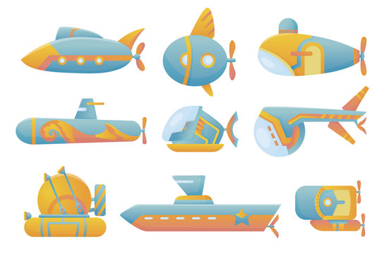 Yellow and blue submarine set undersea cartoon style bathyscaphe underwater ship, diving exploring at the bottom of sea flat vector design.