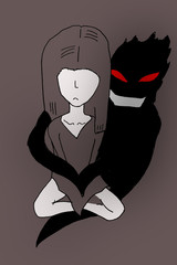 illustration of mental illness as an evil shadow hugging a young girl