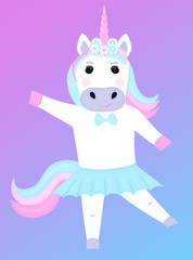 Unicorn ballerina in a wreath and a skirt. Cartoon character. Vector illustration