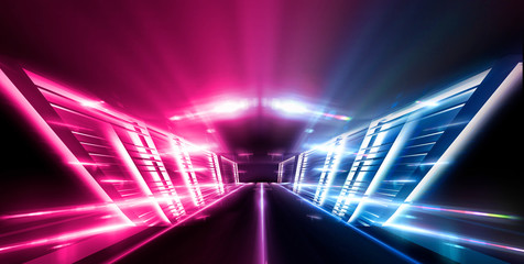 Abstract futuristic neon tunnel Dark room fluorescent bright purple and pink neon glow Virtual background space corridor shape tunnel