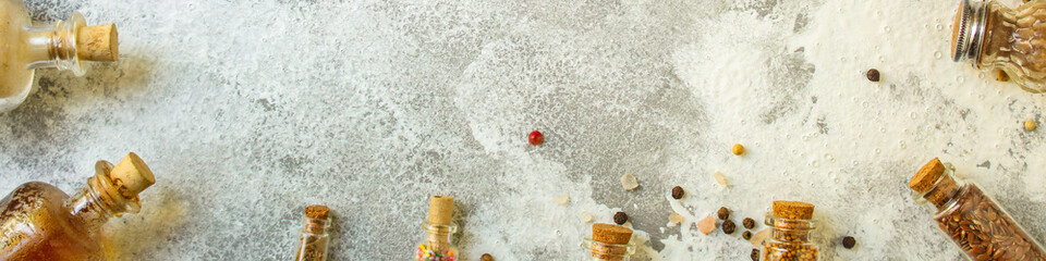 spices, many different types, textures (peas, red pepper, black pepper, turmeric, mountain salt, chia seeds, mustard and much more) menu concept. food background. copy space. Top view