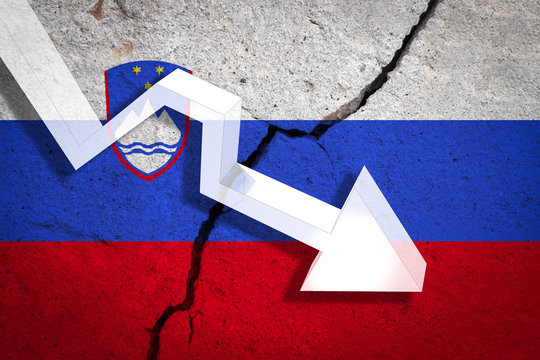 Slovenia Flag on the cracked wall with arrow falling down. Concept of decrease in the country.