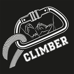 Climber carabiner with mountines and rope vector illustration