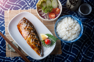 Saba fish grilled with teriyaki sauce.