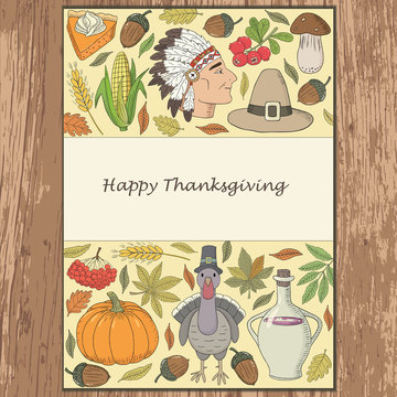 Vector Thanksgiving card template. Holiday hand drawn illustration with different objects symbolizing the holiday