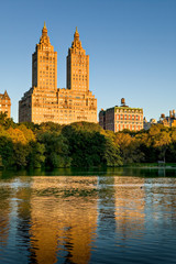 Fototapeta na wymiar Manhattan Upper West Side across Central Park Lake on Autumn morning. New York City