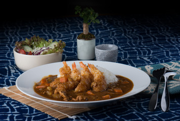 Japanese curry and fried shrimps rice.